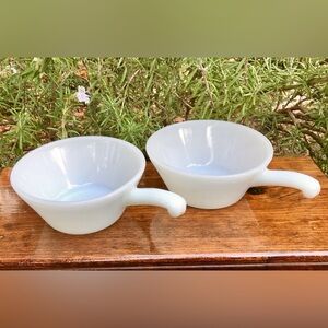 2 VINTAGE Anchor White Milk Glass Cooking Handle Bowls Oven Safe Cookware Set